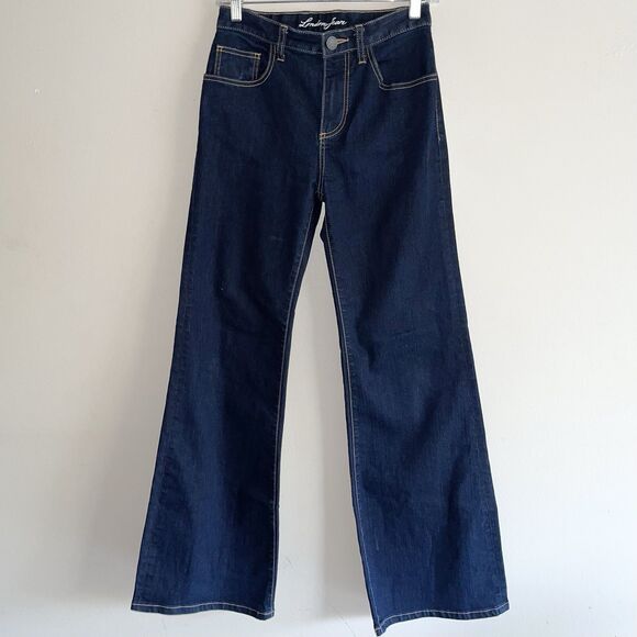 London Wide Leg Jeans 2 Boho Flare Leg Mid Rise Dark Blue Wash Denim Stretch - Picture 9 of 9